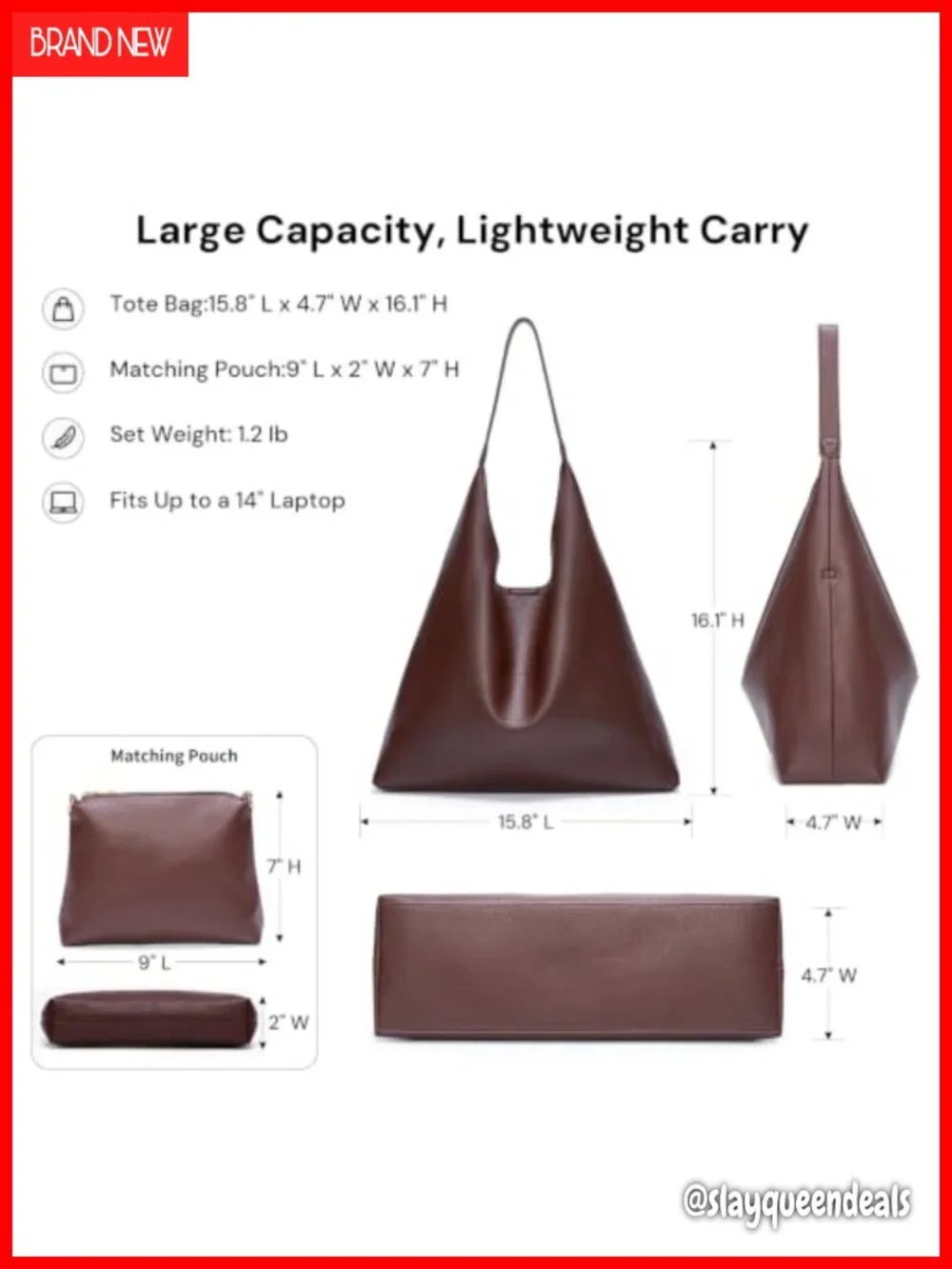 2-Piece Vegan Leather Hobo Tote with Zip Pouch for Women